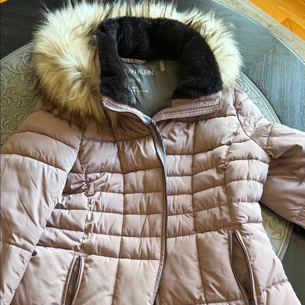 Calvin Klein Mauve Quilted Jacket with Faux Fur Trim